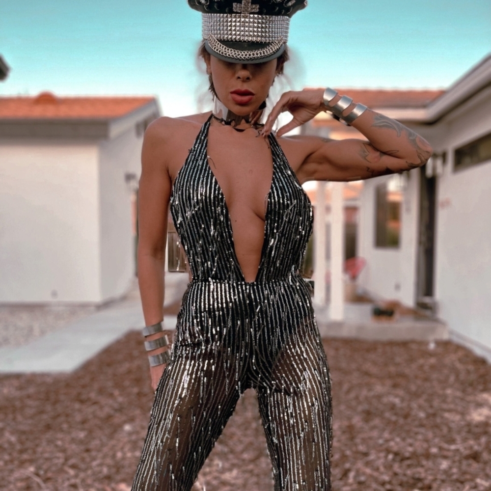 Black and Silver Sequin Jumpsuit - Backless, Deep V